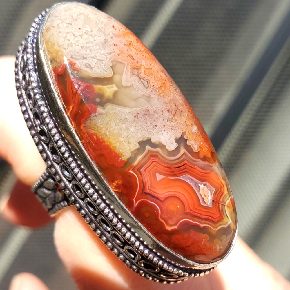 New Oversized Crazy Lace Agate 925 Silver Statement Ring.